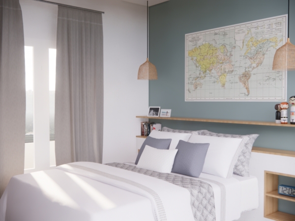 Cozy bedroom interior with a large world map on the wall, a white bed with geometric-patterned pillows, and natural rattan pendant lights. This image presents a modern bedroom designed with a travel theme, featuring a large, detailed world map on a soft blue wall as the focal point. The bed is dressed in pristine white linens, accented with geometric-patterned throw pillows that add a touch of elegance and comfort. Above, natural rattan pendant lights hang, providing a warm, ambient glow that complements the room's serene palette. A wooden shelf holds various travel and personal memorabilia, enhancing the room’s worldly vibe. This bedroom is perfect for anyone with a passion for travel, offering a stylish yet peaceful retreat.