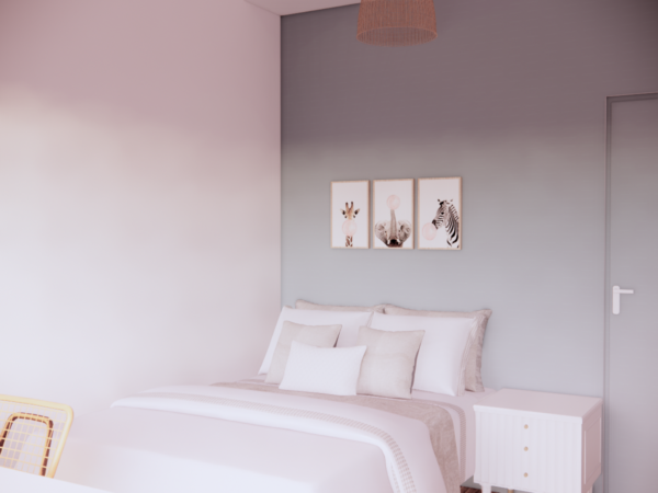 Modern bedroom interior featuring a white bed with soft linen, complemented by pastel purple walls and animal-themed artwork above the bed. This image showcases a beautifully styled bedroom with a serene and calming atmosphere, emphasized by soft pastel purple walls and light pink bedding. The room is furnished with a minimalist white bed frame, plush pillows, and a cozy comforter. On the wall above the bed hang three charming animal-themed artworks featuring a giraffe, an elephant, and a zebra, each framed in pink. A rattan pendant light adds a natural touch to the room, creating a relaxing environment perfect for rest. The elegant simplicity of this design makes it ideal for those seeking a peaceful retreat in their home.