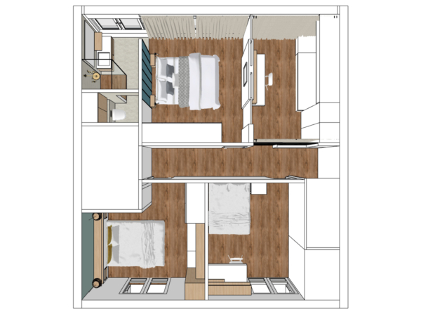 3D rendered floor plan of a two-bedroom apartment, featuring dimensions in millimeters, wood flooring, and furnished rooms including a kitchen, living area, and two bedrooms. This image features a 3D rendered floor plan of a stylish two-bedroom apartment, detailed with precise measurements and furnishings. The layout includes a kitchen fitted with modern appliances, a cozy living area, and two bedrooms, each with a bed and side tables. Wood flooring enhances the warmth and aesthetic of the space. Measurements such as the width of 3700 mm for the kitchen and 3993 mm for the living area are clearly marked, providing a realistic visual guide for potential renovations or for those planning interior designs. This detailed visualization helps in accurately understanding space usage and aesthetics in residential architecture.