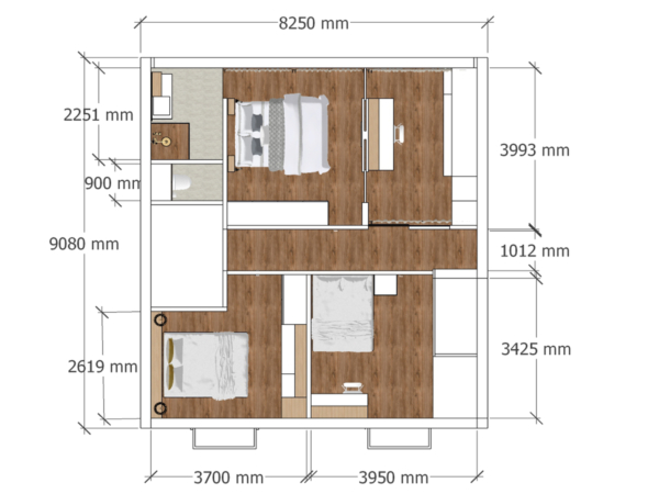 3D rendered floor plan of a two-bedroom apartment, featuring dimensions in millimeters, wood flooring, and furnished rooms including a kitchen, living area, and two bedrooms. This image features a 3D rendered floor plan of a stylish two-bedroom apartment, detailed with precise measurements and furnishings. The layout includes a kitchen fitted with modern appliances, a cozy living area, and two bedrooms, each with a bed and side tables. Wood flooring enhances the warmth and aesthetic of the space. Measurements such as the width of 3700 mm for the kitchen and 3993 mm for the living area are clearly marked, providing a realistic visual guide for potential renovations or for those planning interior designs. This detailed visualization helps in accurately understanding space usage and aesthetics in residential architecture.