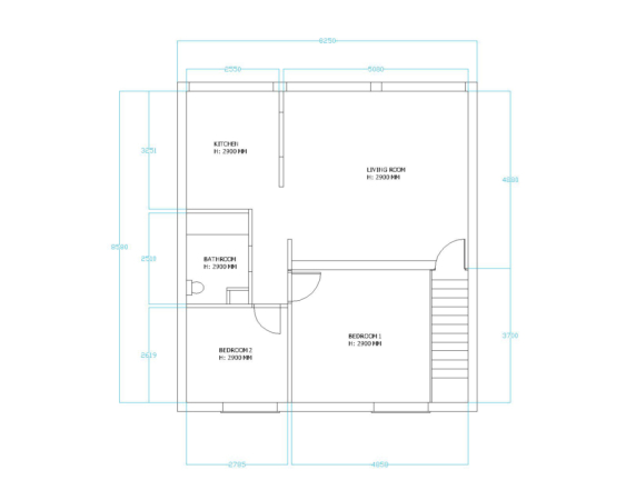 Detailed architectural blueprint of a modern apartment featuring labeled rooms including a kitchen, living room, two bedrooms, and a bathroom, with precise measurements in millimeters. This architectural blueprint provides a comprehensive view of a modern apartment layout. It features clearly labeled rooms—kitchen, living room, bedroom 1, bedroom 2, and bathroom—each marked with height indications of 2900 mm. The plan includes overall dimensions of the apartment, highlighting specific areas like a 8250 mm width along the living room and a 5080 mm length for the adjoining kitchen. Distinctive elements such as staircases and internal room divisions are meticulously detailed, offering a precise guide for construction or remodeling projects aimed at optimizing living spaces.