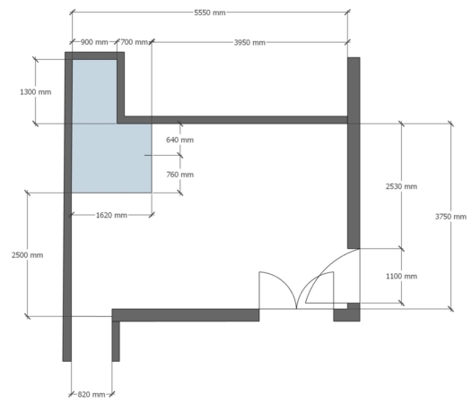 Technical drawing of a floor plan showcasing detailed measurements in millimeters for various room sections, including an elongated area with dimensions marked at 5550 mm by 2500 mm, and an adjoining room with a width of 820 mm. This image displays a meticulously detailed architectural floor plan, ideal for understanding the spatial arrangement of a residential area. The diagram includes precise dimensions in millimeters, highlighting the main area of 5550 mm in length adjacent to a secondary space of 2500 mm width. Notable measurements include smaller segments like a 640 mm by 760 mm section, and significant vertical dimensions such as 2530 mm and 3750 mm, indicating the heights and layout orientations. This visual representation is crucial for architects, designers, and homeowners planning space utilization or renovations.
