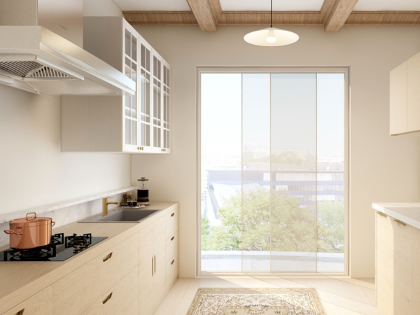 Contemporary kitchen featuring light wood cabinets, a marble countertop, a stylish pendant light, and a large window offering a panoramic view of the urban landscape. Experience the charm of this bright and airy kitchen corner, perfectly designed to blend functionality with aesthetic appeal. The space is outfitted with light wood cabinets that offer ample storage while maintaining a sleek and modern look. The marble countertop provides a durable and stylish surface for meal preparations, complemented by high-end appliances that ensure efficiency and ease of use. A single pendant light hangs above, casting a soft glow that enhances the welcoming atmosphere of the kitchen. One of the standout features is the large window that stretches from the countertop to the ceiling, offering breathtaking views of the urban landscape and flooding the space with natural light. This kitchen design not only maximizes the use of space but also creates a serene environment ideal for cooking and enjoying the city views.