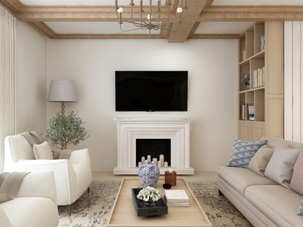 Inviting living room design featuring a classic white fireplace, plush sofas, built-in bookshelves, and wooden ceiling beams, complemented by a soft neutral color palette and decorative accents. Step into this cozy and elegantly designed living room that exudes tranquility and style. The focal point of the room is a classic white fireplace that adds a touch of traditional charm, surrounded by plush sofas in soft beige, perfect for relaxing or entertaining guests. The room features beautiful wooden ceiling beams that enhance the rustic feel, while built-in bookshelves provide both functionality and an opportunity for personal expression through decor. A subtle color palette of neutral tones is accented by decorative elements such as a chic table lamp, patterned cushions, and a stylish coffee table centerpiece. This living room is ideal for those who appreciate a blend of modern comfort and classic design elements, creating a warm and welcoming space that feels both refined and homey.