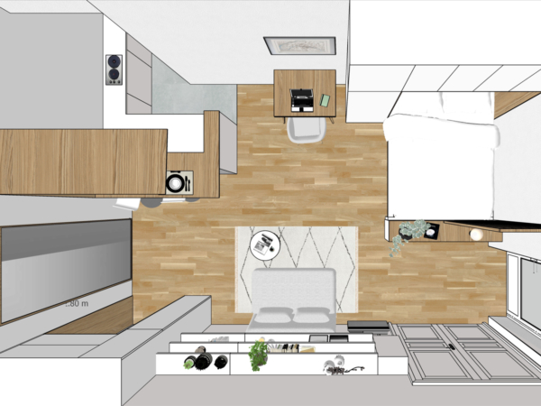 Top-down view of a modern apartment layout showing an integrated living room with a sofa and a large TV, adjacent to a well-equipped kitchen with wooden cabinetry and a compact dining area. Explore the smart design of this modern apartment layout, optimized for space and functionality. This top-down view captures a sleek living room furnished with a contemporary sofa facing a large TV, perfect for entertainment and relaxation. Adjacent to the living area, the kitchen is equipped with wooden cabinetry and high-tech appliances, providing a seamless cooking experience. A compact dining area features modern seating, ideal for small gatherings or meals. The layout is designed with a clear separation of spaces while maintaining an open feel, highlighted by light wooden flooring and minimalist decor, making it a perfect example of efficient urban living. This visualization is a valuable resource for anyone looking to maximize the utility of a small living space with modern aesthetics.