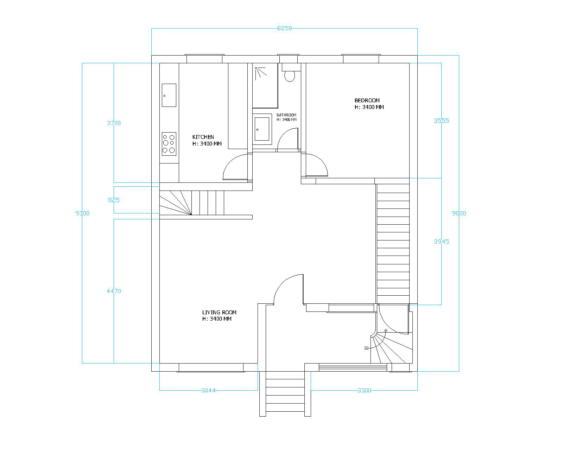 Blueprint of an urban apartment floor plan, displaying a kitchen, bathroom, bedroom, and living room with detailed measurements in millimeters and height specification for each room. This blueprint illustrates a compact urban apartment layout, designed to maximize space efficiency. The floor plan includes a kitchen with an area of 825 mm by 4470 mm, a bathroom detailed with fittings, a cozy bedroom measuring 3555 mm in width, and a spacious living room. All rooms are noted with a uniform height of 3400 mm. The plan also features a unique curved staircase leading to a potential upper level, enhancing the functional elegance of the design. This detailed layout is essential for developers, interior designers, and homeowners looking to optimize small living spaces in urban environments.