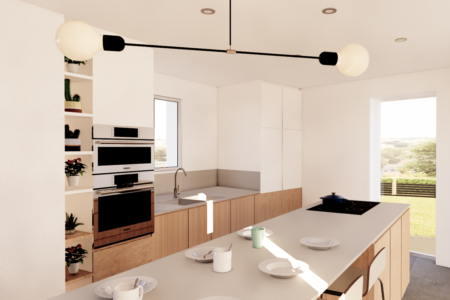 Contemporary kitchen featuring a clean, minimalist design with a central island, built-in appliances, and innovative overhead lighting, complemented by a view of the countryside through a large window. Step into this sleek and modern kitchen, where minimalist design meets functionality. The kitchen boasts a spacious central island, ideal for meal preparations and casual dining, topped with a pristine countertop. Built-in appliances, including a high-end oven and microwave, are seamlessly integrated into the wooden cabinetry, enhancing the clean lines of the space. Overhead, an innovative black light fixture with globe bulbs adds a modern touch to the room, providing ample lighting while accentuating the high ceilings. The large window opens up to a scenic countryside view, filling the kitchen with natural light and offering a serene backdrop. This kitchen design epitomizes modern living, combining state-of-the-art amenities with a minimalist aesthetic to create a space that is both stylish and practical.