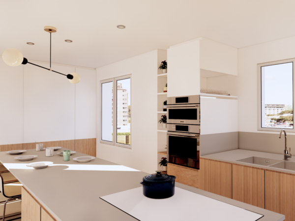 Modern kitchen with light wooden cabinetry and a white countertop island, featuring integrated high-end appliances and a stylish three-bulb pendant light, complemented by natural light from large side windows showcasing an urban view. Step into this modern kitchen that epitomizes sleek design and functional elegance. This space is equipped with light wooden cabinetry that exudes warmth and sophistication. The centerpiece, a white countertop island, not only provides ample space for meal preparation but also serves as an informal dining area, complete with stylish seating. Integrated high-end appliances, including a built-in oven and microwave, enhance the kitchen’s functionality while maintaining a seamless look. Overhead, a distinctive three-bulb pendant light adds a contemporary flair and ensures the entire space is well-lit. Large windows allow natural light to flood the room, brightening the space and offering stunning urban views, which make this kitchen not just a place for cooking but a vibrant part of the home ideal for entertaining or enjoying quiet meals.