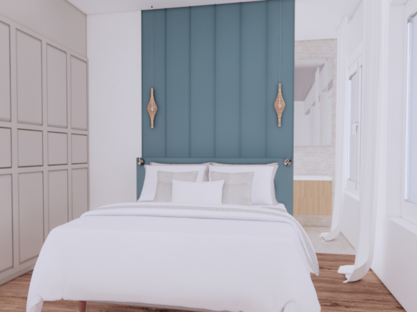 Modern minimalist bedroom featuring a white bed with crisp linens, a teal accent wall with unique wooden wall sconces, and large white wardrobe doors. This image captures a serene and modern bedroom design that blends minimalist aesthetics with subtle color accents. The focal point is a striking teal accent wall, which provides a deep contrast to the otherwise white and bright room. Two wooden wall sconces hang on either side of the bed, offering a touch of organic texture and warm lighting. The bed itself is dressed in pristine white linens, embodying simplicity and elegance. To the left, large white wardrobe doors suggest ample storage, maintaining the room's clean and uncluttered feel. This bedroom design is perfect for those who appreciate a calm, minimalist environment with a dash of color to add character and warmth."