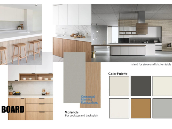 Mood board for a modern kitchen design featuring images of minimalist kitchens with wood and white color schemes, a color palette of neutrals with an accent gold, and material samples for countertops and backsplashes. Dive into the design process with this sophisticated mood board for a modern kitchen, carefully curated to inspire and guide the creation of a stylish cooking space. This mood board showcases several images of minimalist kitchens that blend clean lines with functional design, featuring a soothing palette of white and wood finishes. The selected color palette includes neutral tones of white, black, and gray, complemented by a warm gold accent, providing a chic and contemporary look. Material samples displayed include options for cooktops and backsplashes, emphasizing durability and style. This mood board is an essential tool for designers or homeowners looking to reimagine their kitchen with a focus on modern aesthetics and high-quality materials.