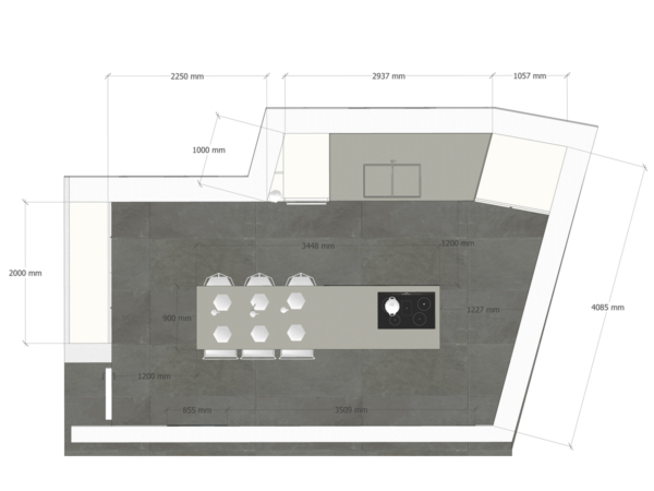 Detailed top-down architectural drawing of a modern kitchen layout featuring precise measurements, a dining table set for six, and placement of kitchen appliances and sink. Explore the precision and meticulous planning evident in this architectural plan of a modern kitchen and dining area. This detailed top-down view provides exact dimensions and the strategic placement of key elements within the space. The layout includes a dining table set for six, perfectly aligned with the kitchen's central island, creating a functional and sociable cooking and dining environment. Key kitchen features such as a built-in sink, cooktop, and ample countertop space are thoughtfully arranged to optimize workflow and aesthetics. This plan is an excellent resource for architects, interior designers, or homeowners who are in the process of designing or remodeling their kitchen space to achieve both functionality and modern elegance.