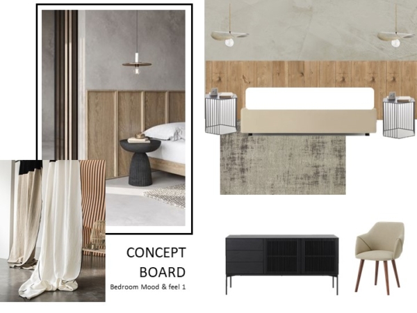 A concept board for a modern bedroom featuring a blend of rustic and contemporary design elements. The board includes a sleek bed with a beige headboard, black and wooden bedside tables with lamps, a cozy armchair, a large rug, and two unique ceiling lamps. This bedroom concept board showcases an exquisite blend of modern and natural elements, ideal for creating a serene and stylish sanctuary. The design features a minimalist bed complemented by a textured beige headboard and flanked by sleek black and wood bedside tables with contemporary lamps. The look is completed with an elegant beige armchair, a spacious grey rug, and striking wooden accents on the wall, enhancing the room's warm and inviting atmosphere. Unique hanging lights add a modern touch, making this design perfect for those seeking a calm, sophisticated bedroom retreat.
