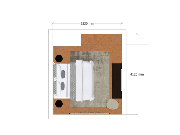 Top-down architectural floor plan of a modern bedroom featuring a double bed with intricate headboard, decorative tile flooring, and a strategically placed circular side table. Explore this detailed architectural floor plan of a modern bedroom, measuring 4120 mm by 3530 mm, designed to maximize both comfort and style. The layout includes a double bed with a stylish, intricate headboard and crisp white bedding, poised to offer a serene sleeping experience. Surrounding the bed are decorative orange tiles with unique black accents, providing an artistic and vibrant flooring solution. A subtle grey area rug under the bed adds a touch of elegance, while a contemporary circular side table near the bed enhances functionality. This floor plan is an excellent resource for anyone looking to create a sophisticated and modern bedroom space, blending aesthetic appeal with practical design elements.