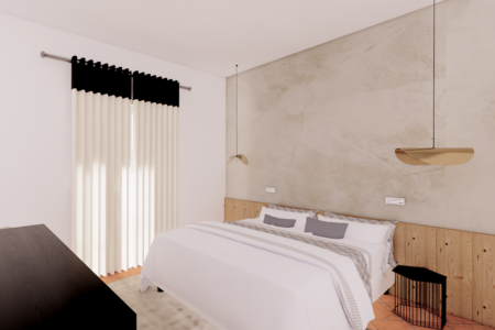 Interior of a modern minimalist bedroom featuring a queen-sized bed with gray and white bedding, a distinctive concrete texture wall, pine wood accents, and soft natural light filtering through sheer curtains beside blackout drapes. This image showcases a beautifully designed minimalist bedroom that blends modern and rustic elements. The room features a large queen-sized bed adorned with stylish gray and white bedding. A unique concrete textured wall adds a touch of industrial flair, contrasted by warm pine wood paneling at the bottom. Elegant sheer curtains allow natural light to gently illuminate the space, complemented by blackout drapes for privacy and light control. An innovative hanging light fixture with a golden interior casts a warm glow, enhancing the room’s inviting atmosphere. This serene bedroom design perfectly encapsulates contemporary style with functional elegance, ideal for those looking to revamp their home interiors.