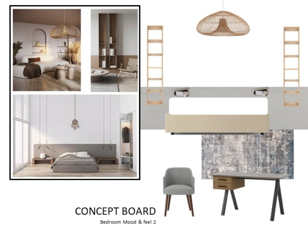 Concept board for a bedroom featuring minimalistic and natural design elements. Includes a serene bedroom setting with a rattan pendant light, a modern vanity area, a simple bed frame in a white spacious room, and stylish, minimal furniture including a grey chair and a wooden desk. This concept board artfully combines simplicity with natural elegance, portraying a minimalistic bedroom design that exudes calm and sophistication. The layout features a tranquil bedroom setting bathed in soft, natural light, highlighted by a striking rattan pendant lamp above the bed. The decor is intentionally sparse, emphasizing clean lines and uncluttered spaces. A modern, open closet and a sleek vanity area suggest practicality while maintaining style. The selection of furniture includes a cozy, grey fabric chair and a contemporary wooden desk with storage, which complements the soothing, earth-toned color palette. This concept board is designed to inspire a peaceful retreat, where every element contributes to a feeling of refined relaxation.