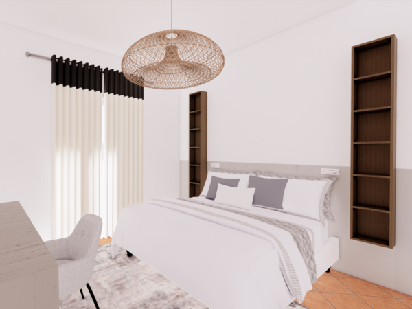 A serene bedroom showcases a queen-sized bed with textured white bedding and grey pillows, a wicker ceiling lamp, and soft natural lighting filtered through cream curtains, complemented by a slim wooden bookcase and a grey fabric chair. This inviting bedroom marries classic charm with modern design elements to create a restful haven. Centered around a plush queen-sized bed adorned with textured white bedding and complemented by stylish grey accent pillows, the room exudes a calm and cozy ambiance. A distinctive wicker ceiling lamp hangs overhead, casting intricate shadows and adding a touch of rustic elegance. The soft glow of natural light streams through cream curtains, enhancing the warm and peaceful setting. A slim wooden bookcase and a contemporary grey fabric chair by the desk add functionality while maintaining the room's sleek aesthetic. This bedroom is a perfect example of how traditional and modern decor can coexist beautifully, providing a space that is both stylish and soothing.