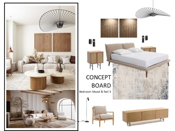 Concept board showcasing a modern bedroom design with natural elements. Includes images of a beige sofa set, wooden coffee tables on a textured rug, stylish wall-mounted light fixtures, a minimalistic bed frame with clean, white bedding, and elegant wooden furniture. This concept board captures the essence of modern elegance intertwined with natural warmth. It features a cohesive collection of interior design elements that embody tranquility and style. Central to the design is a plush, beige sofa surrounded by round wooden coffee tables, situated on a soft, textured rug, creating a soothing lounge area. The space is complemented by unique, woven wall art and sleek, black wall-mounted light fixtures that add a contemporary touch. A simple yet luxurious bed frame with pristine white bedding promises comfort, accompanied by minimalist wooden side tables and a long, low media console that blend functionality with aesthetic appeal. The choice of soft earth tones and natural materials provides a harmonious and inviting atmosphere, perfect for a peaceful bedroom retreat.