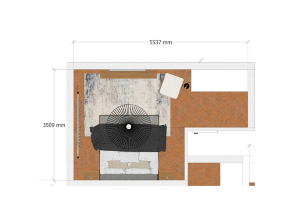 Overhead view of a contemporary bedroom layout plan with dimensions, showing a large round rug at the center, an area with decorative tiles, and a section of aged wooden flooring. This image presents a detailed architectural blueprint of a contemporary bedroom layout, meticulously designed to optimize space and aesthetics. The plan measures 5537 mm by 3509 mm and features a sophisticated design including a central round rug that anchors the room. To the right, a designated area boasts decorative orange tiles arranged in a geometric pattern, providing a vibrant contrast to the adjacent section of aged wooden flooring, which adds a rustic charm. The layout also includes essential furniture placements, like a bed and side tables, depicted in a minimalist style. This blueprint is perfect for architects, interior designers, or homeowners seeking inspiration for a modern bedroom renovation, combining functionality with stylish design elements.