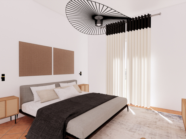 Contemporary bedroom featuring a large bed with grey and beige bedding, minimalist side tables, a striking black ceiling fan, and geometric wall art above the bed, complemented by long cream curtains and natural light. Experience the sleek sophistication of this modern bedroom, where simplicity meets style. The room's design centers around a spacious bed dressed in contrasting grey and beige linens, flanked by minimalist wooden side tables. Above, a dramatic black ceiling fan adds a modern touch, while geometric patterned wall art injects a sense of creativity. Long, flowing cream curtains frame a window that bathes the room in soft, natural light, enhancing the serene and inviting atmosphere. This space is perfectly poised to offer a tranquil retreat with a contemporary edge.