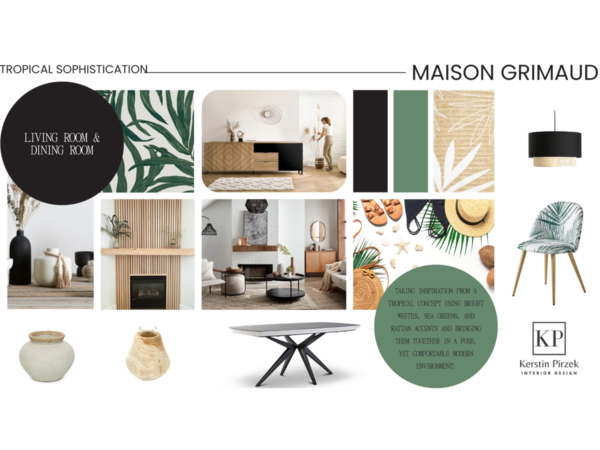 Promotional collage for Maison Grimaud showcasing various aspects of a tropical sophisticated interior design concept, including furniture, color palettes, and decor accessories like rattan accents and leafy patterns. Introducing Maison Grimaud, a beacon of tropical sophistication in interior design, illustrated in this captivating promotional collage. The design concept artfully blends modern luxury with tropical elements, featuring bright whites, lush sea greens, and natural textures such as rattan and wood. This collection presents a curated look at key living spaces including living room and dining room setups, with each image depicting a unique aspect of the overall theme. Highlights include elegant furniture arrangements, innovative light fixtures, and vibrant decor accessories, all unified by a cohesive color scheme and botanical motifs. Perfect for those who seek to infuse their home with a fresh, sophisticated, yet comfortably modern aesthetic inspired by tropical environments.