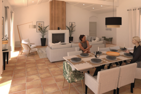 Modern open-plan interior featuring a dining area with two women enjoying a meal, adjacent to a cozy living area with a gray sofa and a stylish fireplace, all under a high vaulted ceiling. Experience the seamless integration of comfort and style in this contemporary open-plan living and dining space. Captured in this image are two women enjoying a relaxed meal at a meticulously set dining table, highlighting the area's functionality and social atmosphere. The dining space flows effortlessly into the living area, where a plush gray sectional sofa offers ample seating, positioned near a modern fireplace that promises warmth and ambiance. The design is completed with terracotta tiles that give the space a warm, earthy feel, contrasted by the crisp white walls and vaulted ceiling that enhance the sense of openness. This setting, adorned with tasteful decor such as indoor plants and minimalistic art, exemplifies modern living that caters to both aesthetic pleasure and practicality, making it a perfect inspiration for those looking to design a versatile yet inviting home environment.