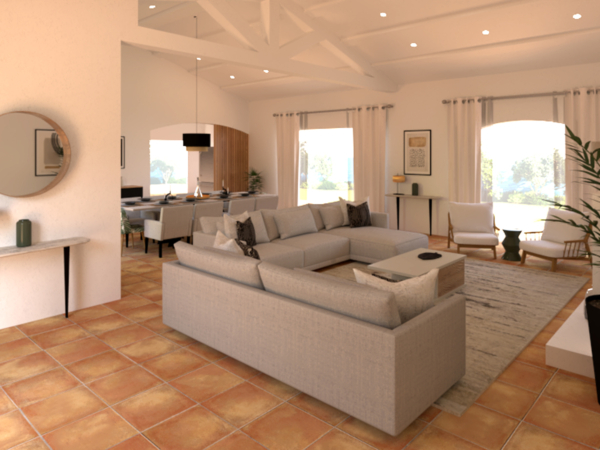 Open-plan living area in a modern home featuring a large gray sectional sofa, terracotta floor tiles, and seamless integration with the dining and kitchen spaces, enhanced by natural lighting from large windows. Step into this spacious and inviting open-plan living area, masterfully designed to foster a seamless flow between living, dining, and kitchen spaces. This image showcases a large, comfortable gray sectional sofa that anchors the living room, paired with a stylish area rug that adds texture and warmth to the terracotta tiled floor. The modern aesthetic is complemented by minimalist furniture, including white accent chairs and a sleek coffee table. Large windows envelop the space in natural light, creating a bright and airy atmosphere. Strategically placed green plants and tasteful wall art enhance the room's elegant and contemporary feel. This layout is perfect for those seeking inspiration for a modern home that combines functional living with aesthetic appeal.