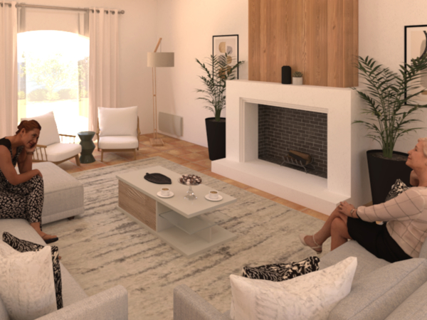 Contemporary living room interior featuring two women enjoying a conversation, with stylish modern furniture, a white coffee table, elegant plant decor, and a sleek fireplace framed by a wooden accent wall. Discover the warmth and comfort of this modern living room, perfectly designed for intimate gatherings and relaxed conversations. This photo captures two women engaged in a friendly chat, seated in a well-appointed space that combines contemporary design with homely warmth. The room features soft gray sofas complemented by white accent chairs, all centered around a minimalist white coffee table. Decorative plants add a touch of greenery, enhancing the room's fresh and inviting atmosphere. The focal point is a stylish fireplace, framed by a striking wooden accent wall, which contributes to the space's modern yet welcoming vibe. This setting is ideal for those looking to create a living space that is both chic and comfortable, perfect for entertaining guests or enjoying quiet moments at home.