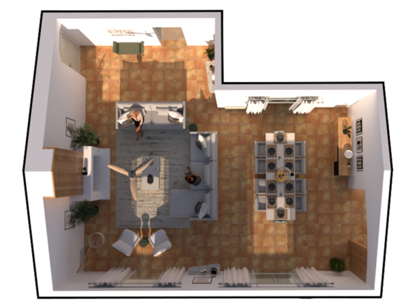 Top-down view of a contemporary kitchen and living area layout featuring a central island, modern appliances, and a cozy seating arrangement, with two individuals engaged in daily activities. Take a closer look at this top-down view of a modern kitchen and living area, brilliantly designed for both functionality and comfort. The layout presents a spacious kitchen equipped with high-end appliances, including a central island that doubles as a meal preparation and casual dining area. Adjacent to the kitchen, the living area is furnished with a comfortable sofa and stylish decor, creating an inviting space for relaxation or social gatherings. Two individuals are depicted engaging in everyday activities, illustrating the practicality of the space. This image is ideal for those interested in interior design or home remodeling, showcasing how to maximize a living area efficiently while maintaining a chic and modern aesthetic.