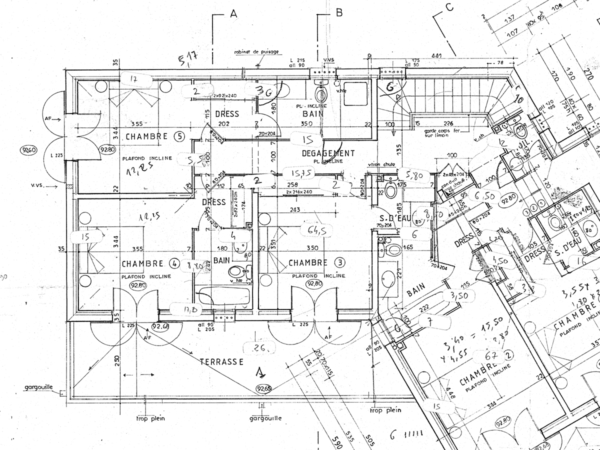 Highly detailed architectural floor plan of a residential home showing multiple bedrooms, bathrooms, dressing areas, and a terrace, annotated with measurements and design notes. Delve into the complexity of this detailed architectural floor plan of a residential building, which meticulously outlines various rooms and functional areas. This plan includes multiple bedrooms, each with its own adjoining dressing room and bathroom, showcasing a thoughtful design to maximize privacy and convenience. Key measurements and specific architectural notes are clearly marked, providing an in-depth view of the space distribution and structural elements. Features such as inclined ceilings and terrace areas are also depicted, adding layers of design complexity and aesthetic appeal. This floor plan is an invaluable resource for architects, students, or real estate professionals interested in residential design, offering a comprehensive example of efficient space utilization and modern living solutions.