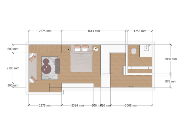 Architectural floor plan of a bedroom with en-suite facilities, featuring a balanced layout with clearly marked dimensions in millimeters. This floor plan illustrates a modern bedroom with an en-suite bathroom, presenting an efficient and well-thought-out spatial arrangement. It details the dimensions of each furniture piece and built-in component, providing a clear guide for visualizing the final setup. The design prioritizes fluid movement with a centrally placed bed, flanked by bedside tables, and an adjoining bathroom for convenience. Ample wardrobe space and a cohesive alignment of fixtures demonstrate a practical approach to contemporary living. The plan integrates both privacy and accessibility, showcasing a compact yet comprehensive living space.