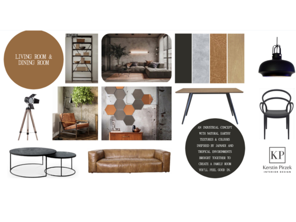 Concept board for a living and dining room, showcasing a blend of Japanese and tropical-inspired design elements with industrial textures and colors. Presented is a design concept board for a living and dining room that embodies an industrial theme peppered with natural, earthy textures and colors. It's an inventive fusion of Japanese minimalism and tropical zest, promising to create a family room that's not only aesthetically grounding but also emotionally comforting. Key elements displayed include sleek furniture, statement lighting fixtures, and a mix of materials such as metal, wood, and leather. Each piece contributes to an overarching narrative of a space that's both modern and timeless, inviting and sophisticated, with a palette that echoes the hues found in nature. This is a space where family and friends can gather, relax, and feel truly at home.