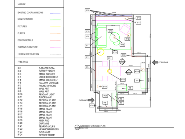 Detailed interior furniture plan with color-coded legend for a residential space, indicating the arrangement of sofas, tables, plants, and decor. This image features a meticulously detailed interior furniture plan, a vital component in interior design that harmonizes space with functionality and aesthetics. The plan is color-coded to differentiate between existing architectural elements, such as doors and windows, and design additions like furniture and plants. Key furnishings and decorative pieces are labeled from IF-1 to IF-24, encompassing essentials like a 3-seater sofa, various plants for a touch of greenery, and wall art to personalize the space. Every item is positioned thoughtfully to ensure a flow that is both practical and visually appealing. This layout serves as a guide for creating a cohesive and inviting environment that resonates with the dweller's taste and comfort.