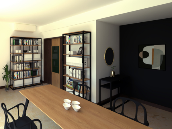 Contemporary home office with wooden bookshelves, a large wooden desk, black chairs, and an abstract wall painting. This modern home office marries the sleek elegance of a scholarly nook with contemporary design elements. The room features towering bookshelves brimming with knowledge, framing a spacious wooden desk meant for deep dives into literature or spirited work sessions. The contrast between the warm wood tones and the striking dark accent wall provides a backdrop for a captivating abstract painting, lending an air of sophistication. A round mirror and strategically placed indoor plants introduce a sense of openness and vitality. Here, inspiration and productivity are in perpetual companionship, offering a space that is as intellectually stimulating as it is aesthetically pleasing.