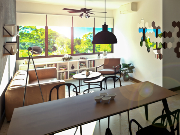 Modern dining and living area with large windows, natural light, a leather sofa, black dining chairs, and stylish accents. Nestled in a room where natural light spills through generous windows, this dining and living space combines modern design with touches of nature. A deep brown leather sofa offers a comfortable nook beside a minimalist bookshelf, while a sleek dining table with black chairs awaits engaging conversations. Above, a contemporary ceiling fan ensures a gentle breeze. The room's aesthetic—defined by clean lines, bold black accents, and an infusion of greenery from potted plants—crafts a serene urban retreat. It's a space that embraces both form and function, inviting inhabitants to enjoy moments of peace amid the bustling cityscape.