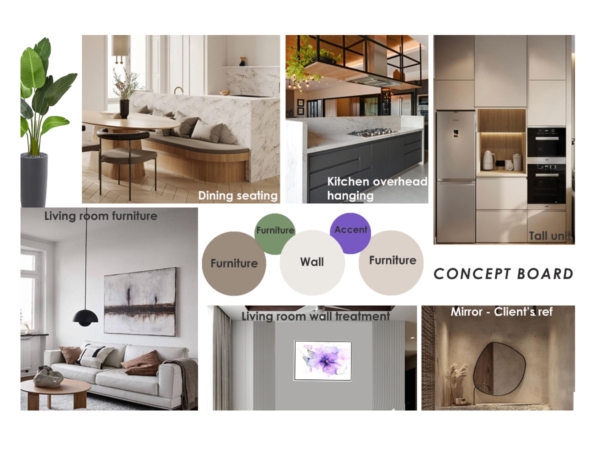 A concept board for interior design showcasing an array of stylish home furnishings and décor accents. This concept board serves as an inspiring mosaic of interior design elements that exude both style and comfort. Central to the image is a dining seating arrangement that blends seamlessly with the warm wooden tones of the kitchen and the inviting ambiance of the living room furniture. The selected images convey a harmonious palette of neutral colors, complemented by the organic textures of plants and sleek modern kitchen appliances. Visual cues like the unique overhead kitchen hanging, the minimalist tall unit, and a reflective mirror further the narrative of a living space that's both contemporary and welcoming. This collage encapsulates the vision of a home that is not just seen but felt, inviting the viewer to imagine dwelling within its carefully curated confines.