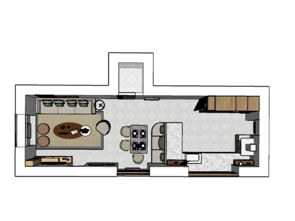 A detailed floor plan of a modern living space, complete with furniture layout and room divisions. This image presents a bird's-eye view of a modern living space that merges functional design with aesthetic appeal. The floor plan reveals a thoughtful arrangement of furniture, ensuring smooth traffic flow and maximized space utility. The layout balances communal areas with private corners, crafting an environment that supports both social interaction and personal retreat. From the cozy sofas to the strategically placed tables and the sleek kitchen counters, each element is placed with intent, mirroring the complexities of daily life while providing a harmonious and welcoming atmosphere. This plan not only serves as a guide for spatial organization but also as a canvas for the inhabitants to express their lifestyles and tastes.