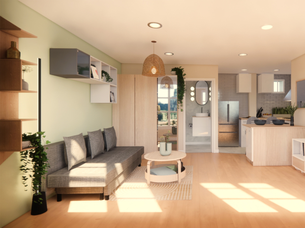 An inviting, modern living space with natural light, featuring a cozy sitting area, wood accents, and a view into a sleek kitchen and bathroom. This image encapsulates a serene living space bathed in the golden hues of natural light, creating a tranquil atmosphere. The area is a thoughtful curation of modern and minimalist design, with clean lines and wooden elements that add warmth and texture. The sitting area, adorned with neutral-toned cushions, provides a welcoming nook for relaxation, while the open doorway offers a glimpse into a contemporary kitchen and a well-appointed bathroom, promising both functionality and style. The room's design emphasizes openness and flow, with strategic lighting enhancing the sense of calmness and comfort.