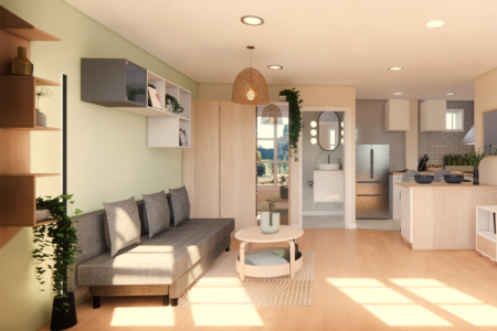 An inviting, modern living space with natural light, featuring a cozy sitting area, wood accents, and a view into a sleek kitchen and bathroom. This image encapsulates a serene living space bathed in the golden hues of natural light, creating a tranquil atmosphere. The area is a thoughtful curation of modern and minimalist design, with clean lines and wooden elements that add warmth and texture. The sitting area, adorned with neutral-toned cushions, provides a welcoming nook for relaxation, while the open doorway offers a glimpse into a contemporary kitchen and a well-appointed bathroom, promising both functionality and style. The room's design emphasizes openness and flow, with strategic lighting enhancing the sense of calmness and comfort.