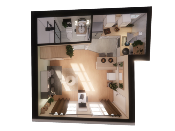 Top-down 3D visualization of a studio apartment with distinct living, sleeping, and kitchen areas. This image provides a 3D top-down visualization of a modern studio apartment that optimizes space without sacrificing style or function. The layout is cleverly divided into distinct zones for cooking, living, and sleeping, creating a sense of spaciousness and order within a single-room setting. Strategic placement of furniture and the use of light colors enhance the visual flow, making the compact space feel larger and more inviting. Potted plants add a touch of greenery, contributing to a serene and livable environment. This layout is a testament to smart design principles that make small-scale urban living both practical and aesthetically pleasing.