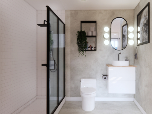 An elegant bathroom featuring subway tiles, a walk-in shower with black frame, a wall-mounted vanity with a circular mirror surrounded by lights, and lush greenery for a touch of nature. This bathroom blends minimalistic design with modern luxury. Crisp white subway tiles line the shower, contrasting beautifully with the sleek black shower frame, creating a clean, spacious feel. The wall-mounted vanity with a white basin is underscored by understated cabinetry, providing both functionality and style. A statement circular mirror surrounded by a constellation of lights offers ample illumination, enhancing the muted elegance of the concrete-textured walls. Strategic shelving with neatly placed essentials and green plants introduces a serene, spa-like atmosphere. This bathroom is not only a testament to modern design but also an inviting space for relaxation and rejuvenation.