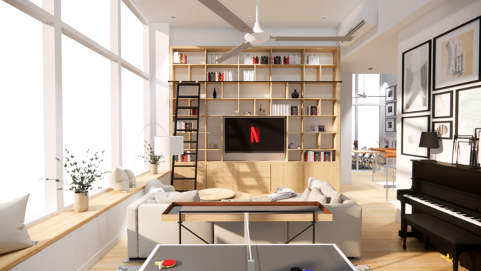 A spacious living room bathed in natural light, featuring a large bookshelf, comfortable seating, and elegant décor, complemented by a grand piano and artful gallery wall. Welcome to this urban sanctuary where natural light streams through floor-to-ceiling windows, illuminating a space that's as perfect for relaxation as it is for intellectual pursuit. The extensive bookshelf not only stores a collection of worldly knowledge but also elegantly frames the central entertainment system, inviting one to unwind. The grand piano stands as a testament to timeless elegance, while the array of framed artwork leads to a dining area that promises shared meals and memories. This living room balances the warmth of home with the finesse of modern design, where each piece of furniture and decor is carefully curated to inspire comfort and creativity. From the plush sofas to the thoughtful accents, this is where the sophistication of the city meets the tranquility of a personal retreat.