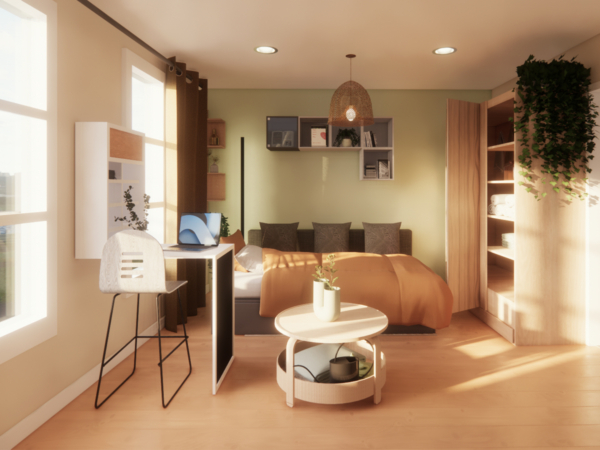 A well-lit bedroom featuring a comfortable bed, a small desk with a modern chair, and lush indoor plants, creating a harmonious live-work environment. This image captures the essence of modern living, blending restful relaxation with productivity. The room is filled with soft, natural sunlight that enhances the inviting ambience of the space. A plush bed, dressed in warm tones, promises comfort and rest, while the adjacent work area with a sleek desk and chair offers a quiet corner for inspiration and focus. Greenery from indoor plants infuses vitality into the room, and the harmonious color palette creates a cohesive look that's both trendy and timeless. The room is a testament to efficient design, balancing the dual needs for rest and activity within a compact, nurturing environment.