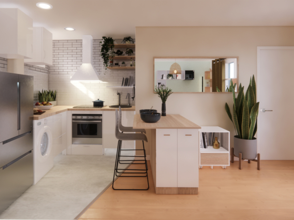 A contemporary kitchen with integrated appliances, a wooden countertop island doubling as a dining space, and lush snake plants adding a touch of greenery. This image showcases a modern kitchen that exudes elegance and functionality. The space-saving design features top-of-the-line appliances seamlessly integrated into the clean lines of the cabinetry. A central wooden countertop island serves the dual purpose of food preparation and dining area, complete with stylish bar stools. Overhead, a designer extractor hood adds a statement to the white subway-tiled wall, complemented by natural wood shelves brimming with green plants. The inclusion of a large potted snake plant underscores the kitchen's organic feel, while the strategic placement of mirrors enhances the sense of space, reflecting the room's ambient lighting. This kitchen is a true testament to the harmony between aesthetic appeal and practical living solutions.