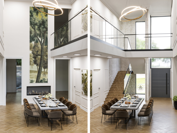 A spacious and luxurious dining area featuring high ceilings, herringbone flooring, and a modern mezzanine design. This 3D architectural visualization presents a grand dining hall that exudes elegance and contemporary style. The space is characterized by high ceilings that create a sense of openness and grandeur, magnified by large windows that allow natural light to flood in. At the heart of the room is a long dining table set for a formal gathering, surrounded by plush velvet chairs in a muted taupe color that complement the warmth of the herringbone-patterned wooden floor. A sleek and functional fireplace adds to the ambiance, while a striking piece of vertical artwork anchors the dining area. Above, a modern mezzanine level with a glass balustrade overlooks the dining space, connecting it to the upper level of the home. The mezzanine is accessible via a contemporary staircase with a combination of concrete steps and a warm wood finish, which adds texture and contrasts the polished surfaces. Overhead, a statement lighting fixture with a loop design acts as both a source of light and a sculptural element, enhancing the luxurious feel of the space. On the upper level, the glass balustrade provides unobstructed views of the dining area, making it an integrated and sociable area perfect for hosting and entertaining. The overall design showcases a harmonious blend of modernity, comfort, and upscale living.
