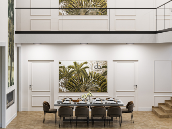 Modern dining room with tropical wall art, elegant staircase, and a herringbone pattern floor. Step into a dining space where contemporary design meets tropical allure. This refined dining room, part of our latest design collection, features a striking wall art centerpiece that draws the eye with its lush palm imagery, set against a backdrop of pristine white walls and sleek cabinetry. The room is anchored by a stunning herringbone patterned floor, offering both warmth and sophistication. Overhead, a mezzanine with clean lines and glass balustrades adds a touch of modern architecture, while the cozy dining chairs invite guests to linger over meals. The careful interplay of light and shadow, the elegant furnishings, and the bold yet inviting art piece make this dining area not just a place to eat but a statement in style. It's an invitation to embrace the beauty of modern living while enjoying the comforts of home.