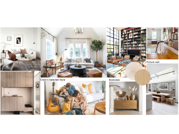 A collage of interior design images showcasing cozy and inviting living spaces with neutral tones and natural light. This collage is a harmonious assembly of interior design inspirations, each image reflecting a sanctuary of tranquility and warmth. The top row reveals living spaces bathed in natural light, with white walls and high ceilings creating an airy ambiance. Comfortable seating arrangements encourage intimate gatherings, while a towering bookcase filled with books and personal trinkets adds character and intellect to the room. A captivating picture wall brims with art, providing a visual feast that tells a story. Below, a minimalistic wooden cabinet underscores the beauty in simplicity, adjacent to an image of a family nestled on a couch, illustrating the space's potential for nurturing close bonds. The carefully selected wooden textures and fabric accents in the furnishings across the images introduce an earthy, grounded feeling, while decorative items like vases and a guitar hint at the homeowner's personal tastes and hobbies. Each space, distinct yet unified by an overarching theme of comfort and elegance, paints a picture of a home where every corner is a retreat waiting to be enjoyed.
