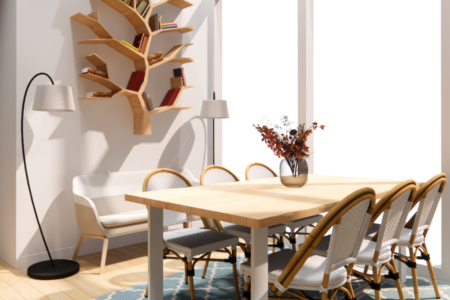 A well-lit dining area with a unique tree-shaped bookshelf, a wooden dining table, and woven chairs, accentuated by natural light. This image captures the essence of serene dining with its sunlit ambiance and tasteful decor. The focal point is a whimsically designed tree-shaped bookshelf that adds an artistic touch to the room, serving both as a centerpiece and a functional storage space. A sturdy wooden table stands at the ready to host gatherings, surrounded by woven chairs that meld comfort with chic design. Floor-standing lamps cast a soft glow, complementing the natural light that floods the space. Decorative elements, like the vase of dried flowers, infuse the setting with a sense of lived-in elegance. Every detail in this dining space contributes to an inviting atmosphere that's perfect for leisurely meals and thoughtful conversations.