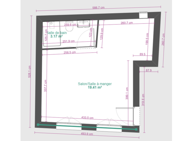 Floor plan showing the layout of a living and dining area alongside a small bathroom. This image displays the floor plan of a neatly organized living space, which efficiently accommodates a salon/dining area and an adjoining bathroom. The dimensions are clearly marked, demonstrating a thoughtful distribution of space within a compact area, balancing the need for both social and private zones. The living and dining section, at 19.41 square meters, is open and flexible, while the bathroom maximizes its 3.17 square meter footprint with practical fittings. This plan exemplifies the potential of limited square footage to serve a full range of residential functions through smart design.