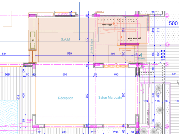 Architectural floor plan featuring detailed measurements, a reception area, and a Moroccan salon. Dive into the detailed blueprint of a meticulously planned space that seamlessly blends functionality with cultural charm. This architectural drawing represents the precise planning behind a sophisticated layout that includes a welcoming reception area and an enchanting Moroccan salon, promising a blend of tradition and comfort. Each measurement and notation stands as a testament to careful consideration, ensuring every inch of the area is optimized for both aesthetics and utility. This plan not only maps out a structure but also weaves a narrative of the space, inviting you to envisage the transformation from lines on a page to a fully-realized interior filled with life and activity. It's where the journey from imagination to implementation begins.