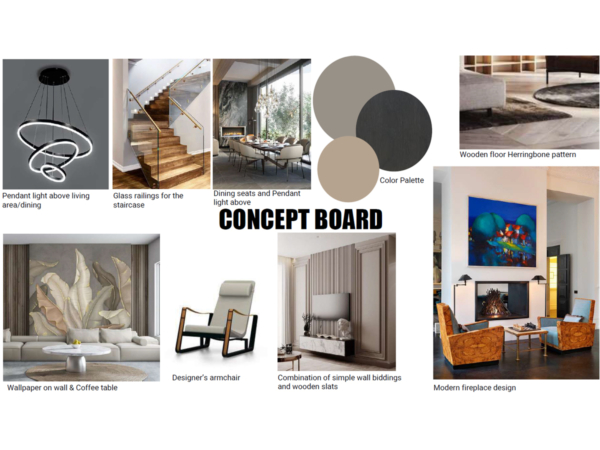 Interior design concept board with modern pendant light, glass staircase railing, herringbone wooden floor, designer armchair, and a naturalistic color palette. Discover elegance and sophistication with our latest interior design concept board. This visual collage masterfully blends contemporary and natural elements to inspire a serene and stylish living environment. It showcases a sleek pendant light casting a warm glow over tastefully chosen furniture, complemented by the organic beauty of a herringbone wooden floor. With a focus on high-quality materials and fine details, such as glass staircase railings and earthy color schemes, each piece contributes to creating a harmonious and inviting atmosphere. Elevate your home's aesthetic with our thoughtfully curated design elements that combine trend-setting styles with timeless appeal.